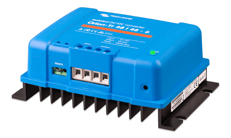 Side perspective of the Orion-Tr isolated converter highlighting the mounting flange and heatsink