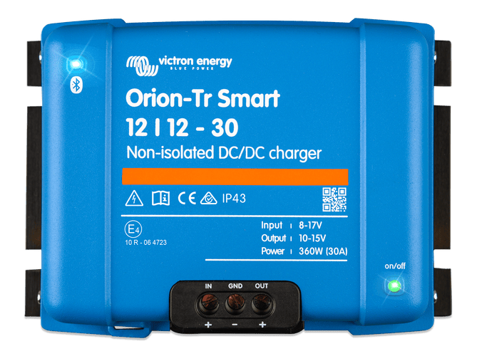 Blue Victron Orion-Tr Smart 12/12-30A non-isolated DC-DC charger front view