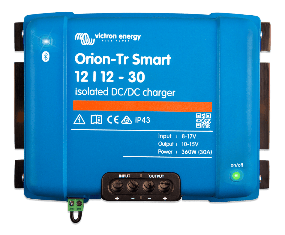 Blue Victron Orion-Tr Smart 12/12-30 isolated DC-DC charger front view