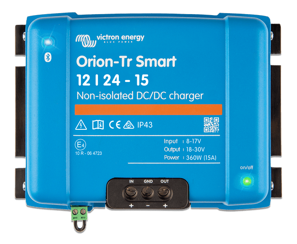 Front view of Victron Orion-Tr Smart 12/24-15 non-isolated DC-DC charger with terminal labels