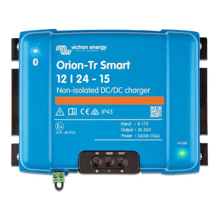 Front view of Victron Orion-Tr Smart 12/24-15 non-isolated DC-DC charger with terminal labels