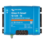 Front view of Victron Orion-Tr Smart 12/24-15 non-isolated DC-DC charger with terminal labels