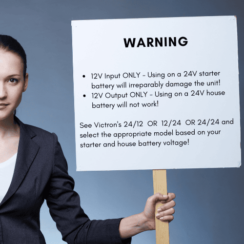 Warning sign about 12V input and output voltage restrictions for the Orion charger