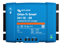 Top-down view of a blue Victron Orion-Tr Smart 24/12-20A isolated DC-DC charger