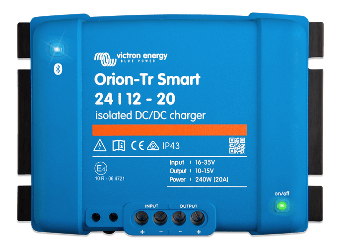 Top-down view of a blue Victron Orion-Tr Smart 24/12-20A isolated DC-DC charger