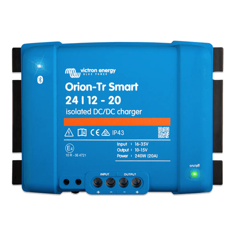 Top-down view of a blue Victron Orion-Tr Smart 24/12-20A isolated DC-DC charger