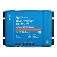 Top-down view of a blue Victron Orion-Tr Smart 24/12-20A isolated DC-DC charger
