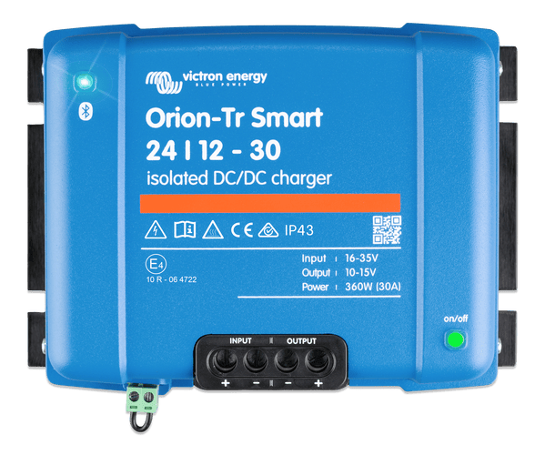 Front view of Victron Orion-Tr Smart 24/12-30A isolated DC-DC charger with blue casing and terminals