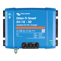 Front view of Victron Orion-Tr Smart 24/12-30A isolated DC-DC charger with blue casing and terminals