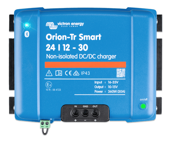 Top-down view of blue Victron Orion-Tr Smart 24/12-30A non-isolated DC-DC charger with terminal labels