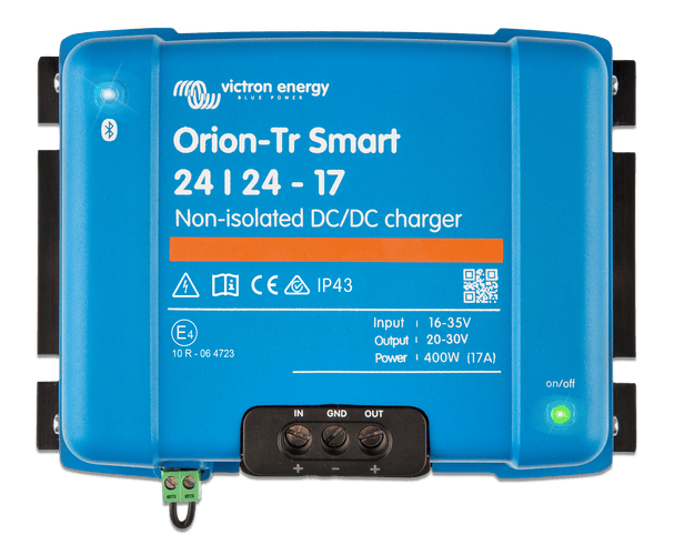 Front view of Victron Orion-Tr Smart 24/24-17 non-isolated DC-DC charger showing interface and labels