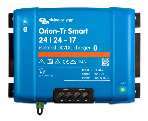 Victron Orion-Tr Smart 24/24-17 isolated DC-DC charger in a blue housing with screw terminals