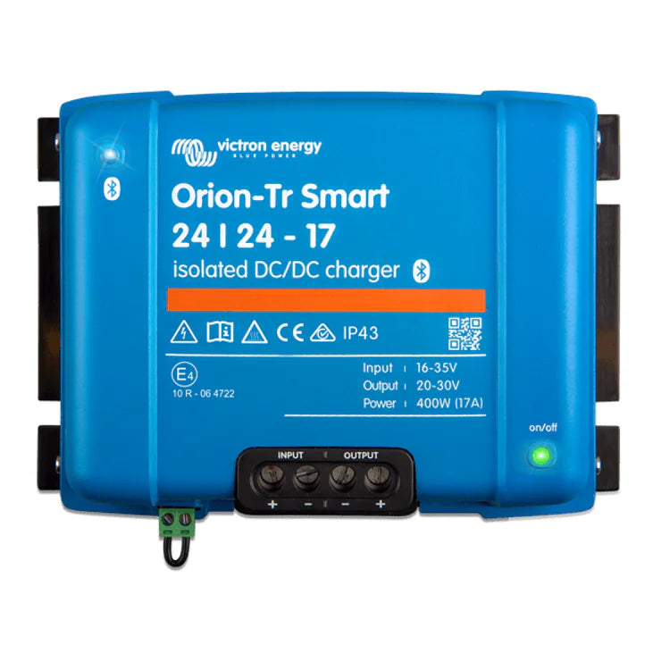 Victron Orion-Tr Smart 24/24-17 isolated DC-DC charger in a blue housing with screw terminals