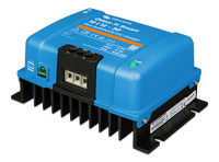 Angled view showing the large black heat sink and terminal connections of the 30A charger