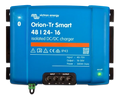 Front view of blue Victron Orion-Tr Smart 48/24-16 isolated DC-DC charger showing terminals and status LEDs