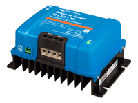 Angled view showing the large integrated heatsink and terminals of the 12/24-15A charger