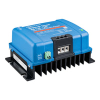 High-angle view of the blue DC-DC charger housing and integrated mounting feet