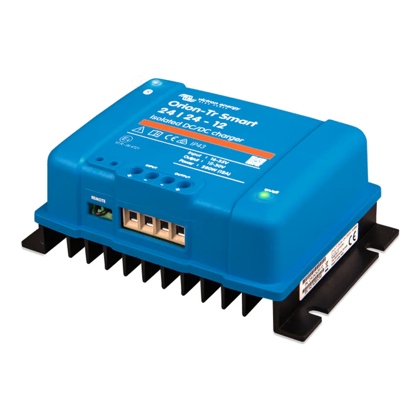 Left perspective view of a blue Victron Orion-Tr Smart DC-DC charger showing cooling fins and side terminals