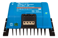 Front perspective view of the blue Victron DC-DC charger showing interface labels