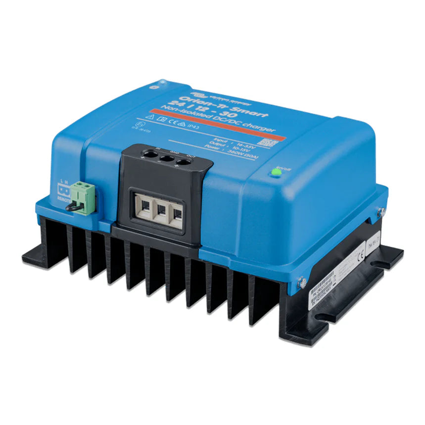 Angled perspective view of the Orion-Tr Smart charger showing the black finned heat sink base