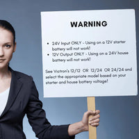 Warning graphic for 24V input and 12V output voltage compatibility