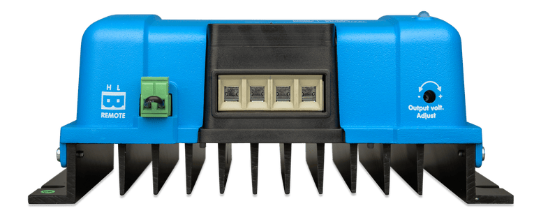 Front view of Victron Orion-Tr connection panel and adjustment controls