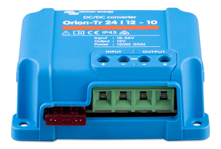 Angled view of Victron Orion-Tr converter showing terminal block and integrated fuse