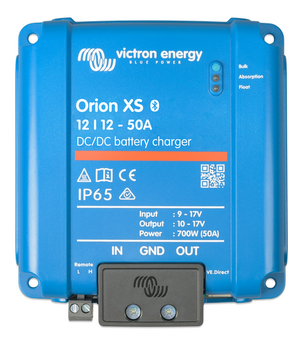 Front view of blue Victron Orion XS 12/12 50A DC-DC charger showing status LEDs and interface
