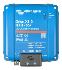 Front view of blue Victron Orion XS 12/12 50A DC-DC charger showing status LEDs and interface