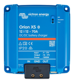 Top view of a blue Victron Orion XS DC-DC battery charger with labels and status indicators