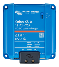 Top view of a blue Victron Orion XS DC-DC battery charger with labels and status indicators