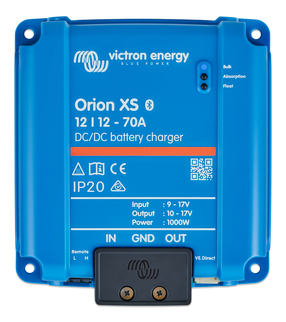 Top view of a blue Victron Orion XS DC-DC battery charger with labels and status indicators