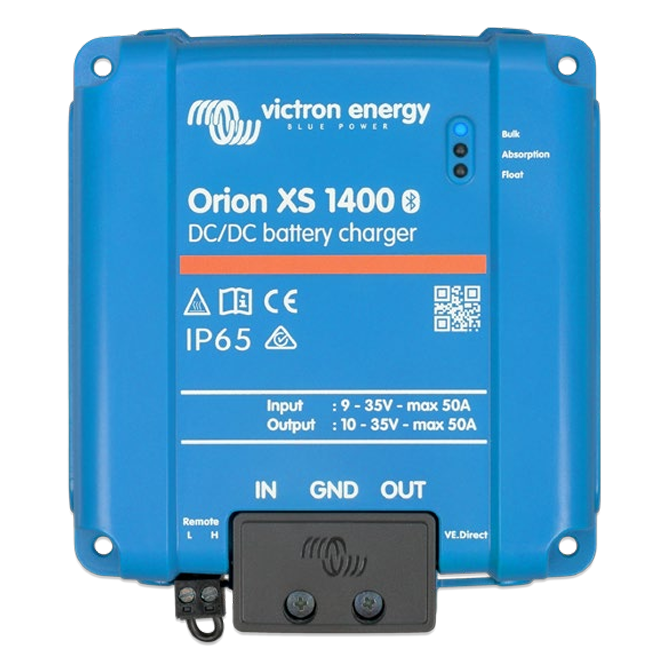 Front view of Victron Orion XS 1400 DC-DC battery charger with status LEDs and terminal labels