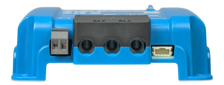 Bottom view of Victron Orion XS highlighting terminal access and communication ports