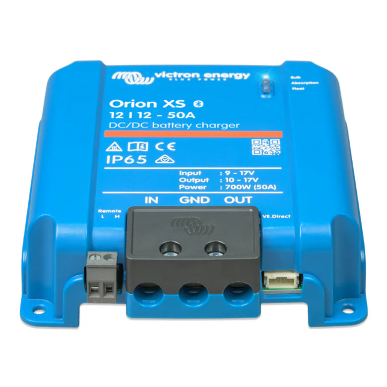 Angled view of Victron Orion XS charger showing recessed screw terminals and remote port