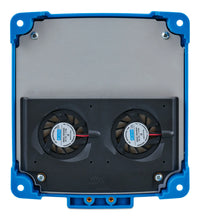 Rear view of the charger showing twin cooling fans and a metallic heat dissipation plate