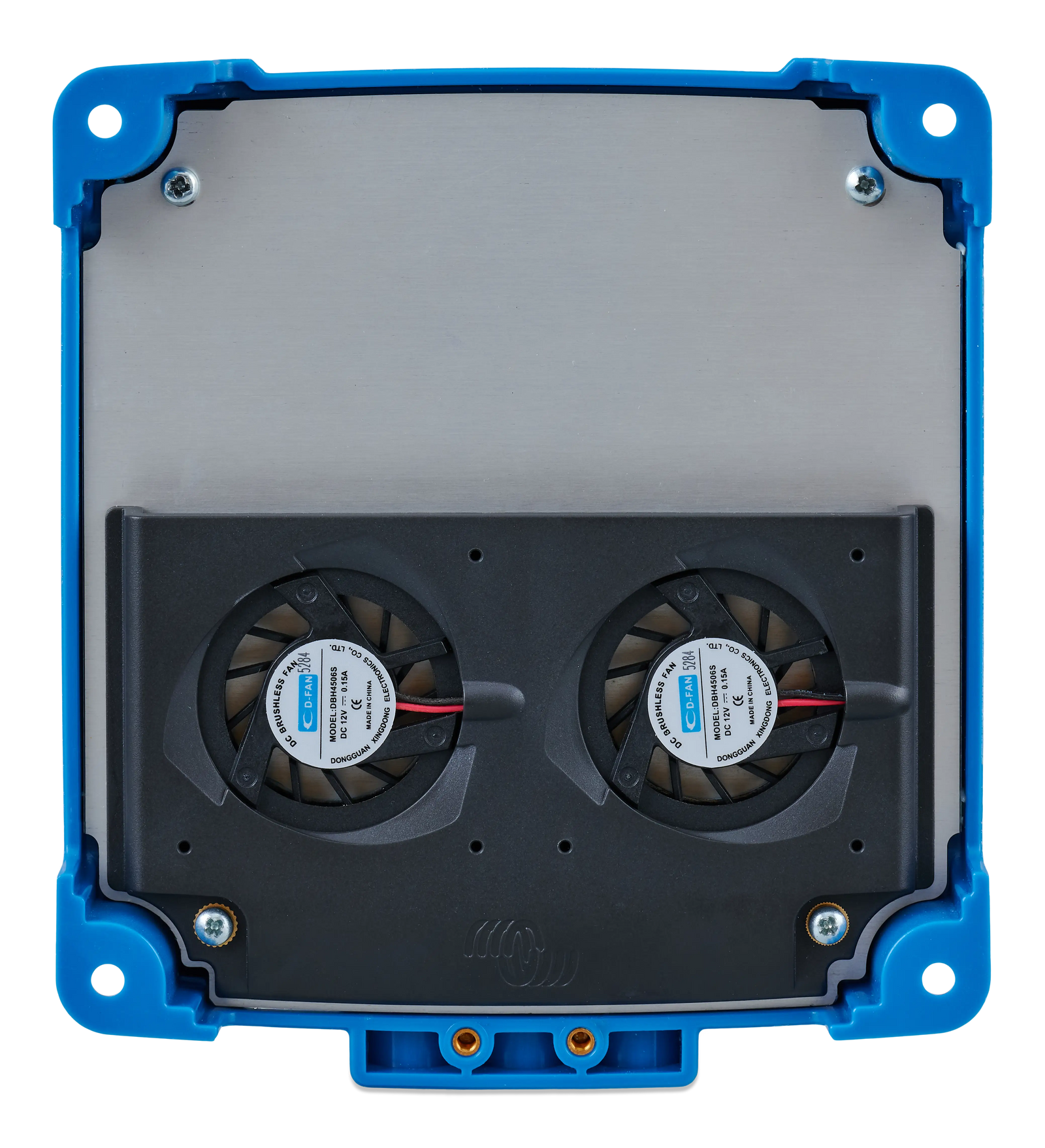 Rear view of the charger showing twin cooling fans and a metallic heat dissipation plate
