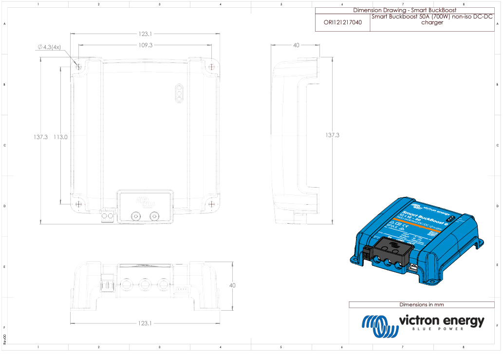 Dimensional drawing for Orion XS 50A charger showing height, width and depth in millimetres