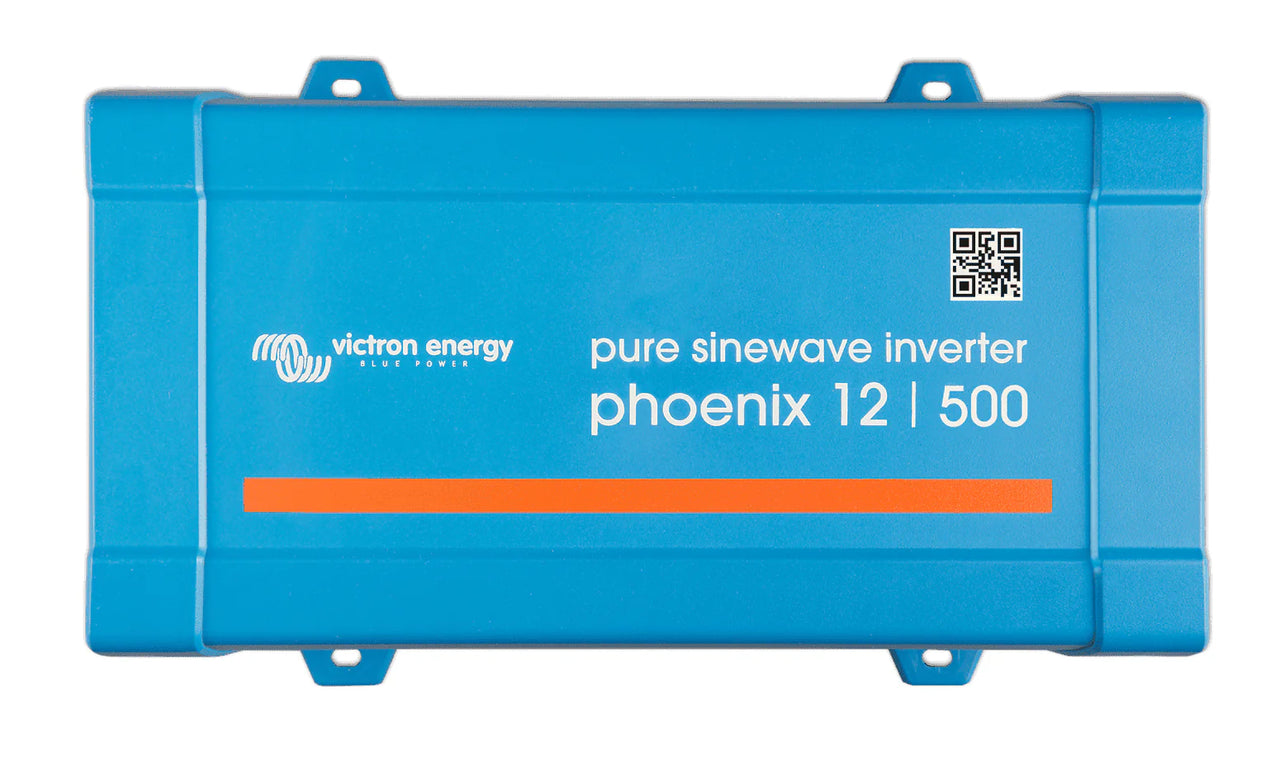 Top-down view of a blue Victron Phoenix 12/500 pure sine wave inverter