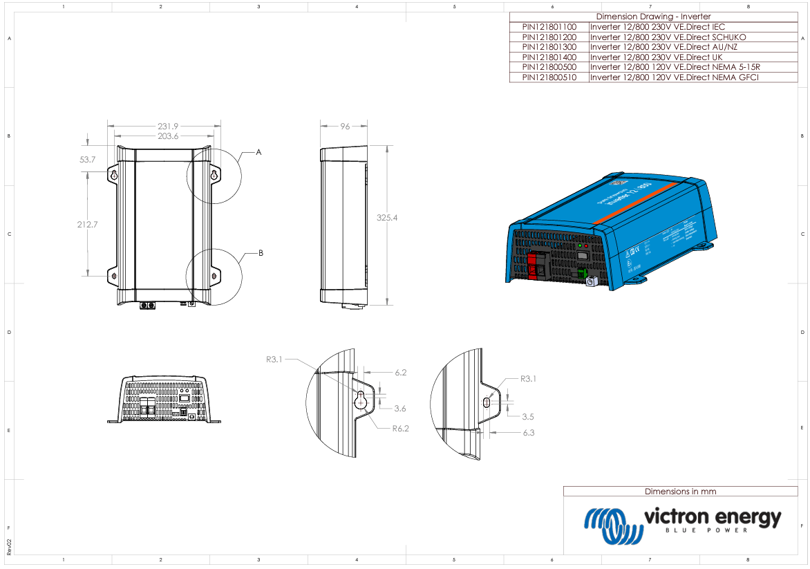 Technical dimensional drawing of the 12/800 inverter showing metric measurements and mounting points