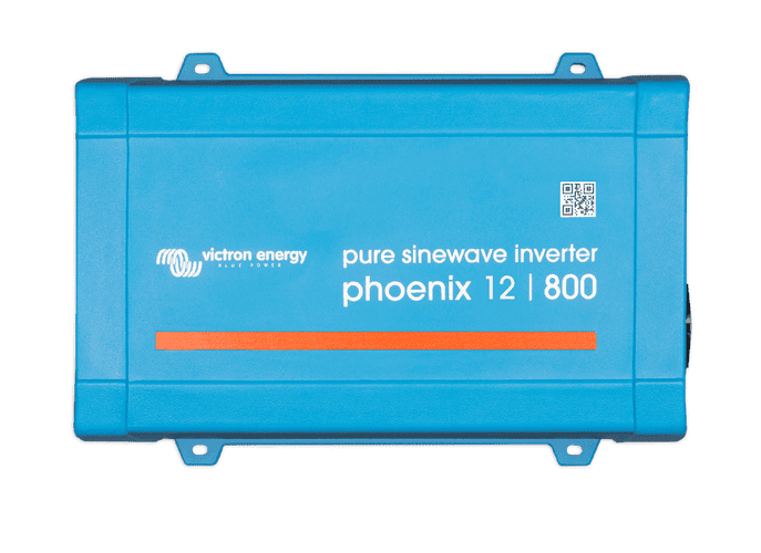Top-down view of a blue Victron Phoenix 12/800 pure sinewave inverter with mounting flanges