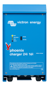 Front view of blue Victron Phoenix 24V 16A battery charger with status LEDs and power switch