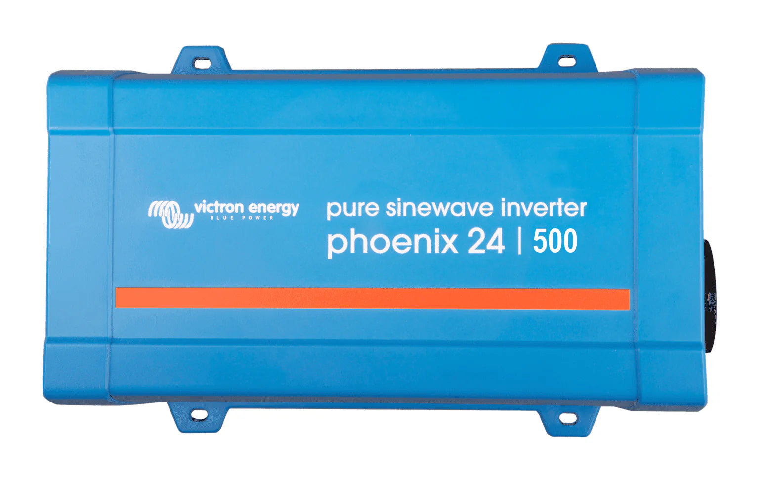 Top view of a blue Victron Phoenix 24/500 pure sinewave inverter showing mounting brackets