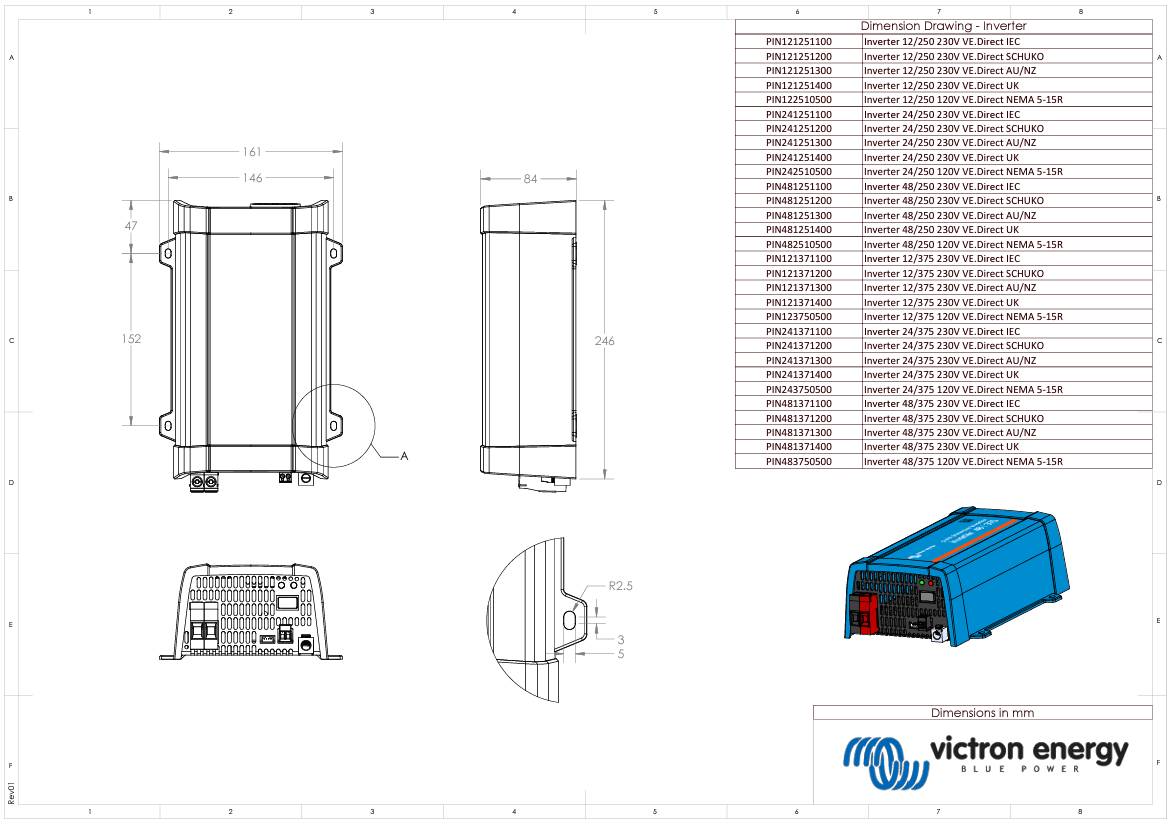 Dimensional drawing for the Phoenix 48/250 inverter showing physical measurements and mounting points