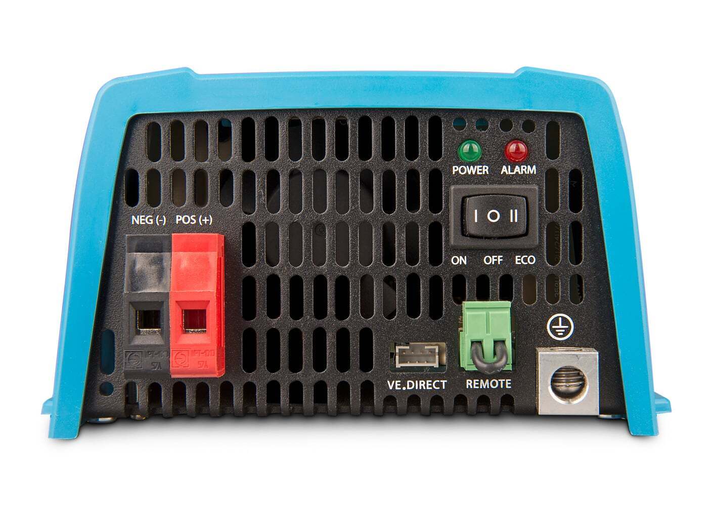 Rear connection panel of a 48V inverter showing DC terminals, power switch and communication ports