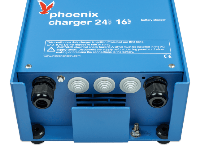 Bottom view of charger showing entry glands for cables and the earthing stud