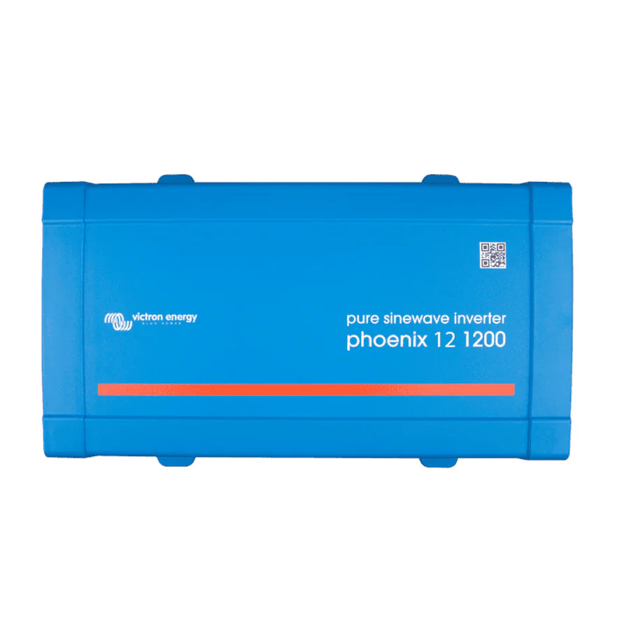 Top-down view of blue Victron Phoenix 12/1200 pure sine wave inverter showing branding and QR code