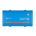 Top-down view of blue Victron Phoenix 12/1200 pure sine wave inverter showing branding and QR code