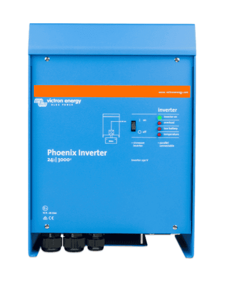Blue Victron 24V 3000VA Phoenix Inverter with status LEDs and power switch