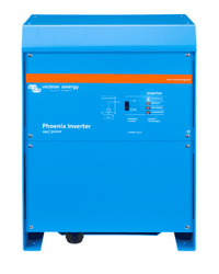 Front view of blue Victron Phoenix 24V 5000VA inverter with status LEDs and power switch